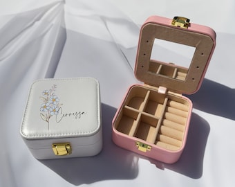 Birth Flower Jewelry Box，Personalized  Mirror Jewelry Box，  Custom Travel Jewelry Case，Wedding Gifts ，Birthday Gifts for Best Friend