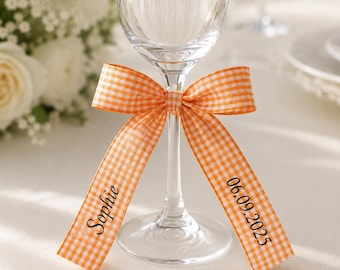 Personalized Gingham Wine Glass Bow: Custom Name & Date Wedding Place Card
