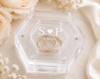 Personalized Acrylic Wedding Ring Box, Custom Hexagon Ring Bearer Box, Engraved Initials Ring Holder, Engagement Gift