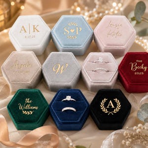 Caja de terciopelo personalizada para anillos, caja personalizada para anillos de boda, caja hexagonal para anillos, caja para anillos con monograma, iniciales y fecha, regalo de compromiso