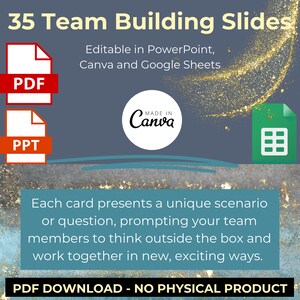 Leadership Slidedeck, 35 Team Questions, PowerPoint, Google sheets, Canva, Office Game, Product, Meeting Cards, Digital Download, Building