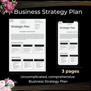 Może przedstawiać: Czarno-biały szablon strategicznego planu biznesowego z tytułem "Business Strategy Plan" u góry. Szablon jest podzielony na sekcje, takie jak "Wprowadzenie i przegląd", "Podsumowanie wykonawcze", "Analiza rynku" i "Analiza konkurencji". Szablon został zaprojektowany do użytku przez firmy w celu stworzenia kompleksowego planu strategicznego.