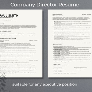 May include: A black and white resume for a company director named Paul Smith. The resume highlights his experience as an operations director and manager. It includes his key competencies, professional experience, education, and professional certifications.
