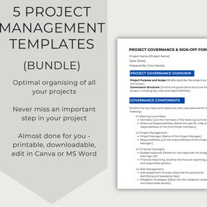 Project Management Bundle of 5 Templates: Risk & Governance | Project Initiation Document (PID) | Governance and sign-off | Status Report