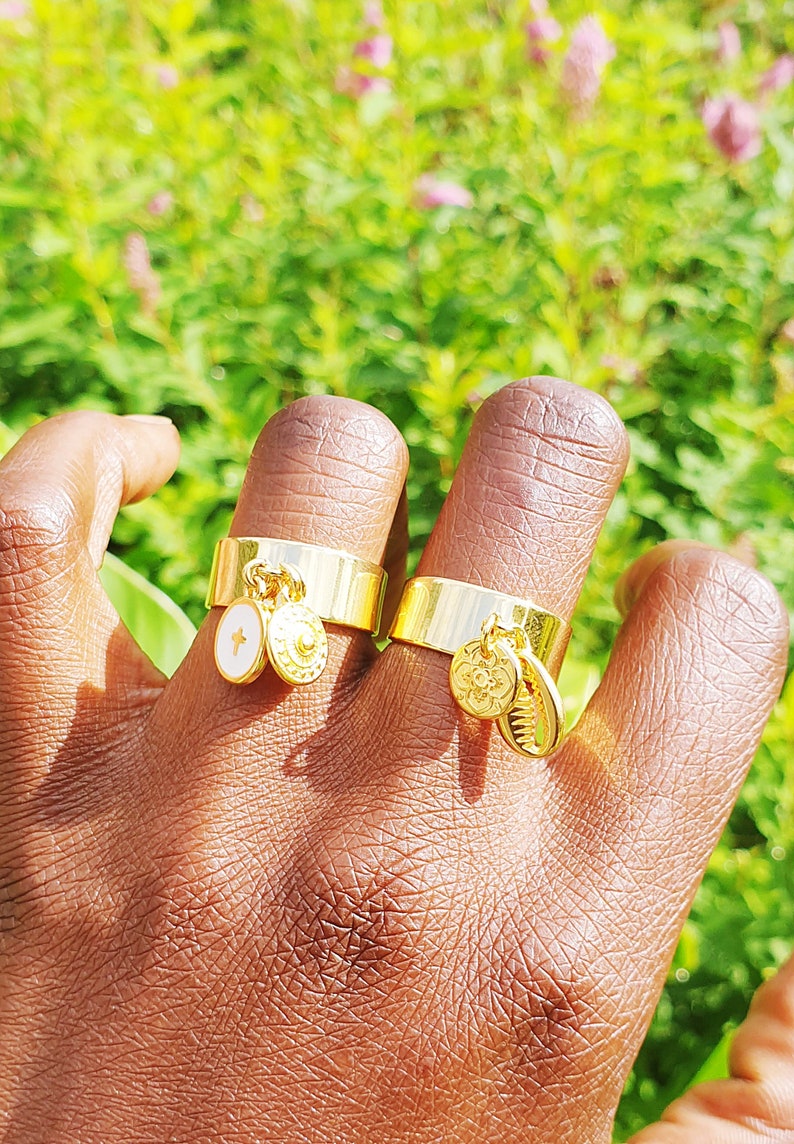 blue turquoise or black enamel Adjustable golden ring trend charms duo of decorated circles and cross in white