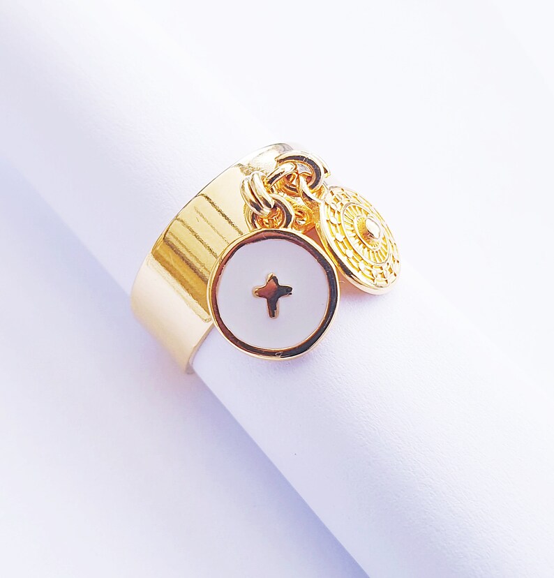 blue turquoise or black enamel Adjustable golden ring trend charms duo of decorated circles and cross in white