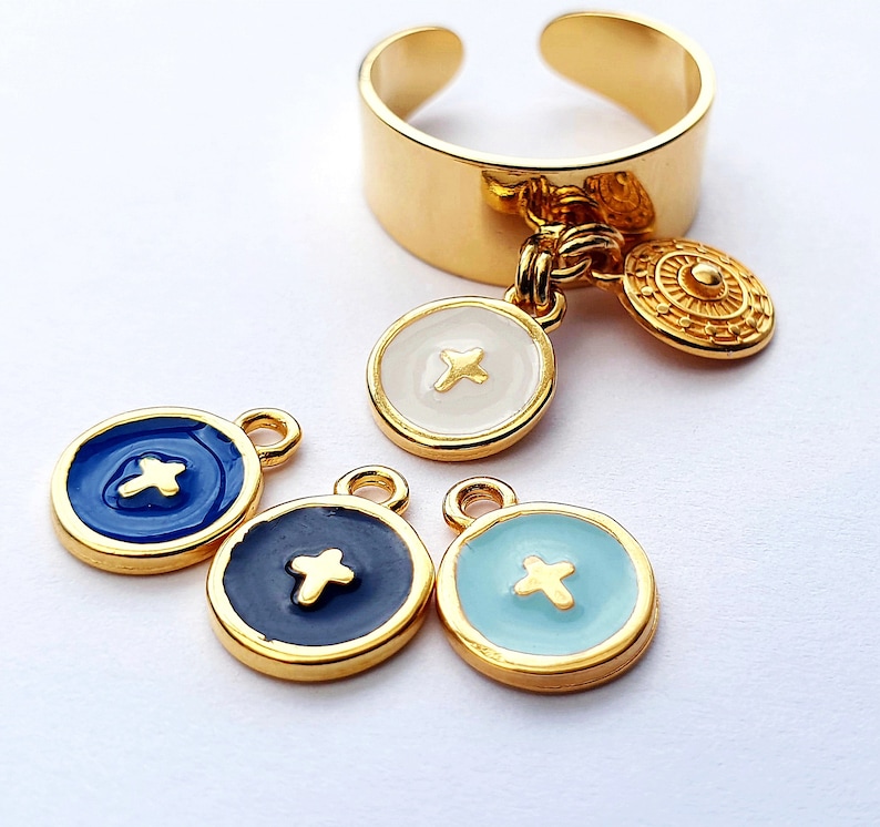 blue turquoise or black enamel Adjustable golden ring trend charms duo of decorated circles and cross in white