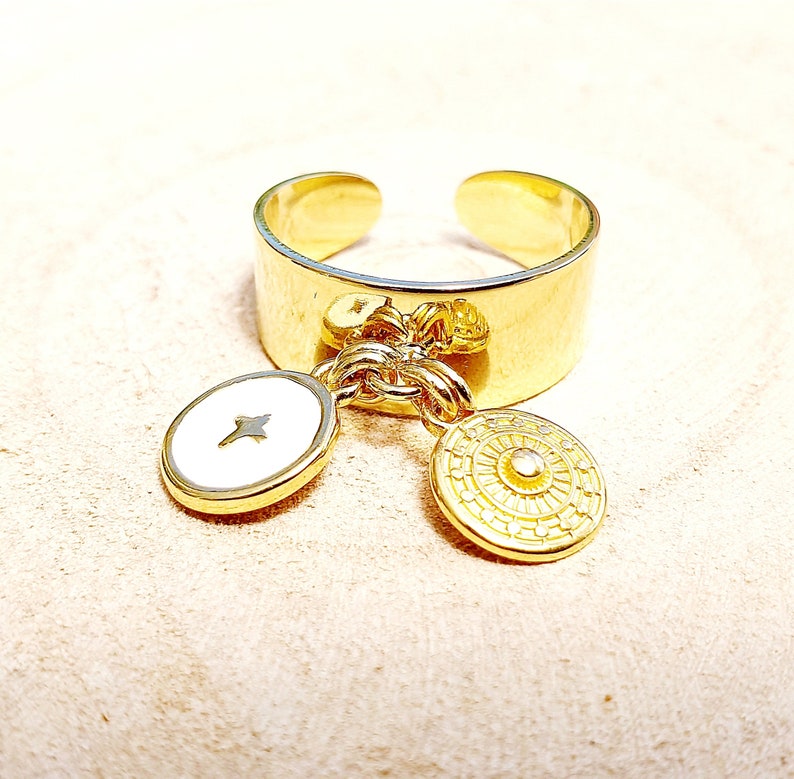 blue turquoise or black enamel Adjustable golden ring trend charms duo of decorated circles and cross in white