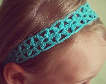 Crocheted blue cotton floral girls headband /hair accessory for a girl