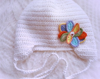 Crochet baby hat /very soft and cozy cap for baby/decorated with handmade cotton flower/3-9 month baby/beautiful gift for baby/ready to ship