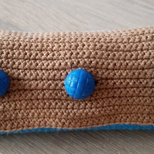 Crochet pencil case - handmade, blue and brown, cute crochet pencil case, decorated with wooden botton, amazing gift, ready to ship