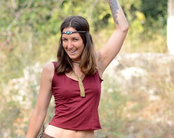Cotton Crop Tank Top, Boho Yoga Top, Handmade Festival Activewear, Hippie Summer Workout Shirt for Women