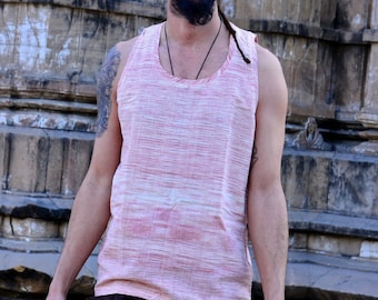 Men’s Khadi Cotton Tribal Tank Top, Handmade Sleeveless Boho Shirt, Summer Casual & Festival Wear