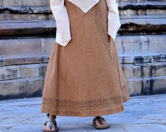 native hand block print wrap-around jute cotton long skirt, Raw Cotton Block Print Wrap Skirt • Natural Earthy Clothing • Maxi Skirt Women