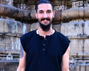 Camisa sin mangas de algodón negro hecha a mano, top bohemio de verano para mujer, ropa informal y para festivales.