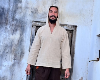 Hand-Woven Khadi Cotton Men’s Hoodie Long, Boho Handmade Pullover, Ethnic Festival & Casual Wear