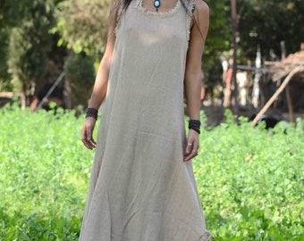 Abito lungo in cotone naturale, abito boho senza maniche con orlo sfrangiato, abito lungo da festival, abito hippie da spiaggia, abito lungo estivo svolazzante, abito boho in cotone