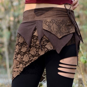 Falda cruzada Pixie marrón para mujer, falda bohemia para festivales, falda de encaje Fairycore, ropa hippie, atuendo para raves Psytrance.