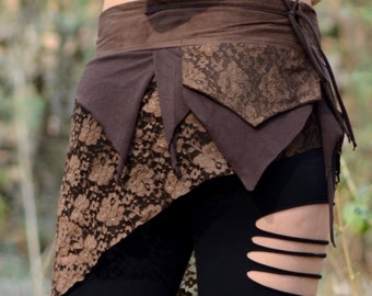 Bruine Pixie-omslagrok voor vrouwen, boho-festivalrok, Fairycore-kanten rok, hippiekleding, Psytrance Rave-outfit