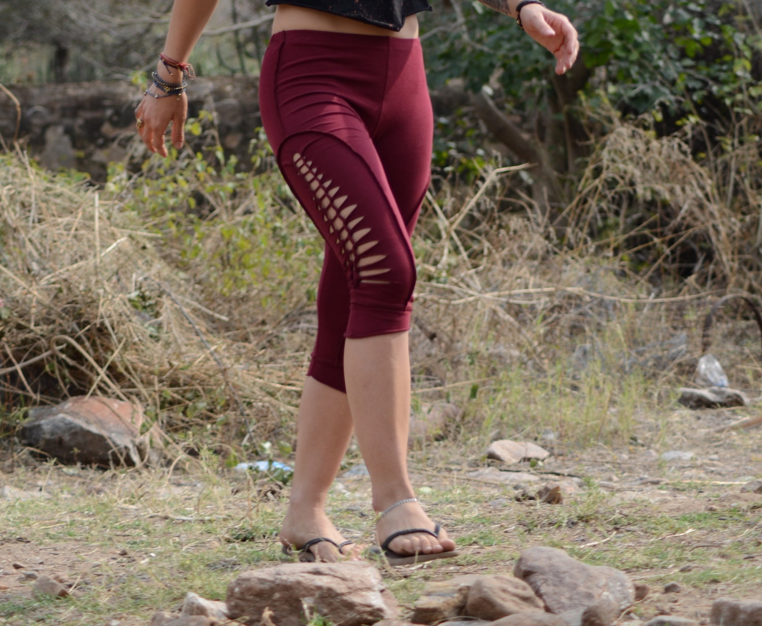 Buy Pixie Leggings Slashes Tights Maroon Goa Party Women Punk