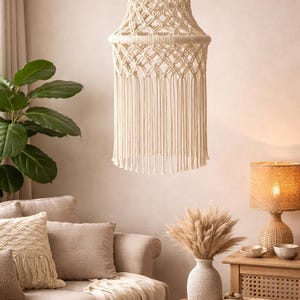 Abat-jour suspendu en macramé fait main, suspension bohème tissée, décoration d'intérieur pour femme et éclairage de festival