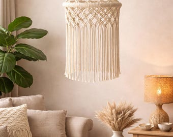 Handmade Macrame Hanging Lamp Shade, Boho Woven Pendant Light, Women’s Home Decor & Festival Lighting