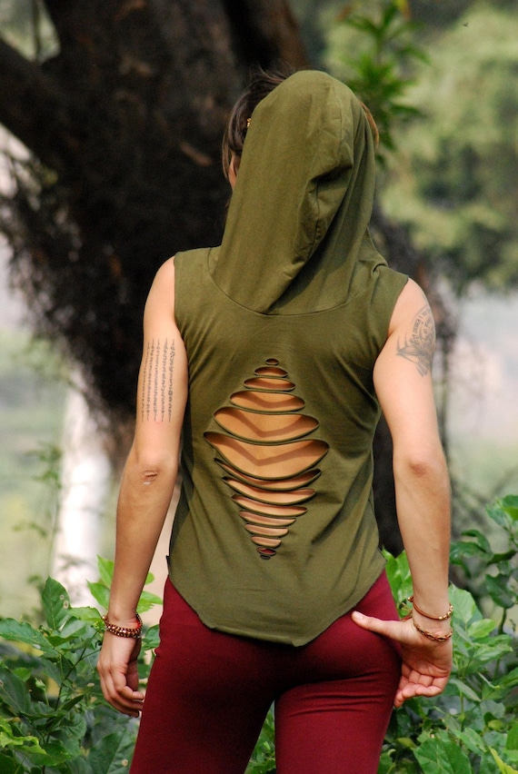 Pixie Hooded Top, Boho Festival Hoodie, Fairycore Elven Shirt, Cotton Stretch Yoga Top, Hippie Clothing