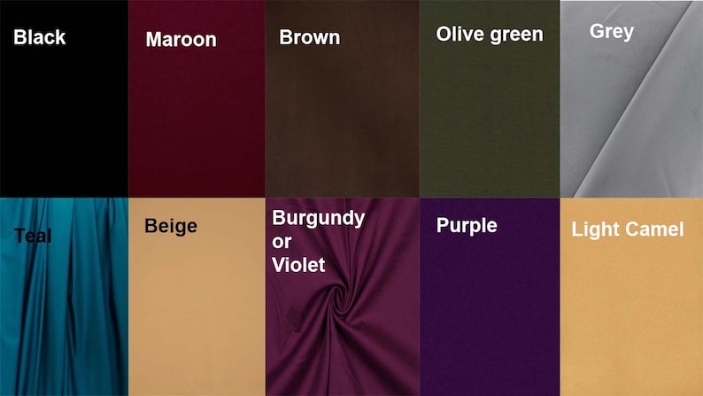 Puede incluir: Muestra de telas en varios colores, incluyendo negro, granate, marr&oacute;n, verde oliva, gris, azul verdoso, beige, burdeos o violeta, morado y camel claro.