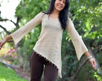 Asymmetrical Cotton Top, Boho Long Sleeve Shirt, Pixie Fairy Top, Hippie Festival Blouse, Women's Bohemian Clothing