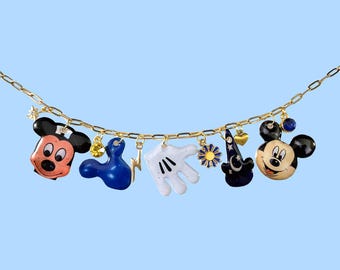 Retro Mickey Mouse Charm Necklace | Lunchbox, Balloon, Glove | Hand Cut Charms | Gold Paperclip Chain