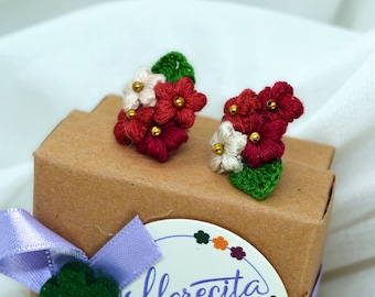 Crochet cotton earrings, Florecita bijoux | Red & White #0002