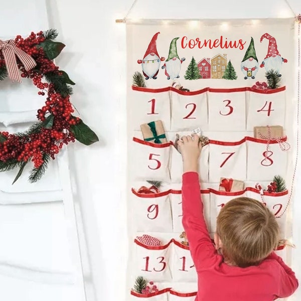 Adventskalender zum Befüllen, 24 Säckchen, personalisiert mit Namen, Kinder, Wichtel, Haus, Weihnachten, Advent, bestickt, Baumwolle