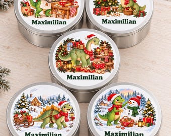 Personalised Christmas dinosaur cookie tin with name, festive gift for kids, round metal biscuit storage tin, 5 cute designs, 19 cm wide