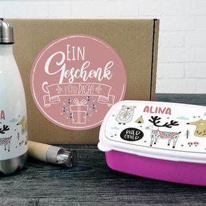 Gift box children drinking bottle with lunch box, animals in scandistyle gift personalized Christmas, birthday enrollment for girls, school image 1