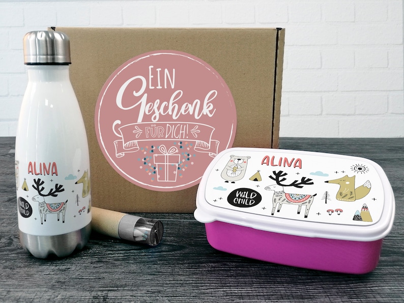 Gift box children drinking bottle with lunch box, animals in scandistyle gift personalized Christmas, birthday enrollment for girls, school image 1