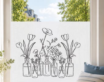 Raamfolie met bloemenvaasmotief | Zelfklevende privacyfolie | Matglasfolie voor badkamer en keuken | Modern bloemenmotief | UV-bescherming