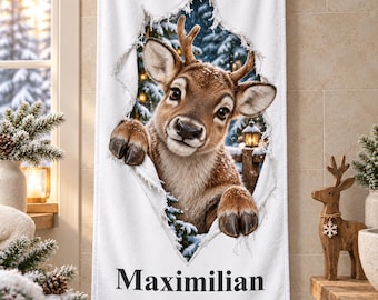 Personalized Christmas towel with name two sizes, ten festive designs, reindeer tiger pony elf snowman, custom Christmas gift
