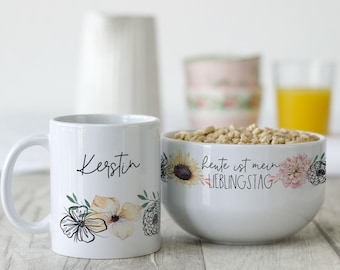 Frühstücksset mit Namen personalisiert, Geschenk-Geschirrset zum Geburtstag / Weihnachten, Müslischale, Tasse 3 teiliges Geschenkset