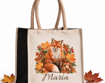 Personalised shopping bag with name, autumn fox hedgehog owl stag raccoon, cotton canvas and jute tote, birthday gift for animal lovers