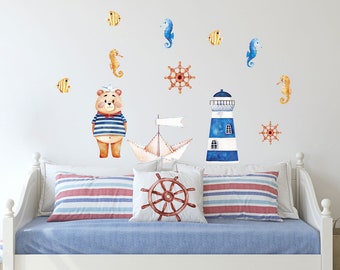 Wandtattoo Matrose Leuchttrurm Kinderzimmer Wandaufkleber für Jungen Deko Babyzimmer Baby Jungenzimmer Aquarell Geschenk Geburtstag Geburt