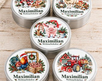 Cookie tin farm Christmas personalised with name, round metal biscuit box, cow sheep pig rooster tractor design, festive gift for family