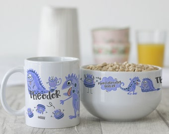 Frühstücksset Kinder mit Namen personalisiert, Geschenk-Geschirrset zum Geburtstag, Müslischale, Tasse 3 teiliges Geschenkset, Monster