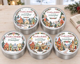 Lata de galletas navideñas personalizada con el nombre de la familia y el motivo de la casa, tarro de galletas redondo de hojalata, regalo para la familia durante el Adviento.