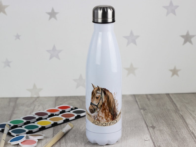 Trinkflasche personalisiert mit Namen, Isolierflasche Wasserflasche für Kinder Erwachsene, 500ml, Sportflasche Pferd Mädchen braun Bild 4