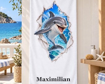 Personalized sea animal towel with name, 70 x 140 cm, dolphin, turtle, shark and more motifs, bathroom or beach gift for ocean lovers