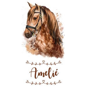 May include: A watercolor painting of a brown and white horse with a black bridle. The horse's name, "Amelie", is written in brown cursive below the image.