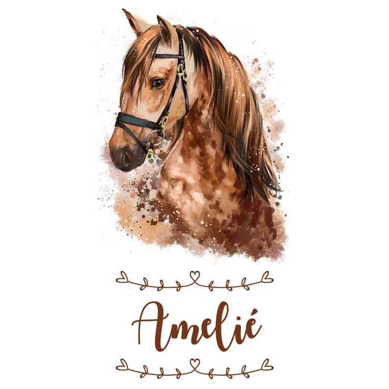 May include: A watercolor painting of a brown and white horse with a black bridle. The horse's name, "Amelie", is written in brown cursive below the image.