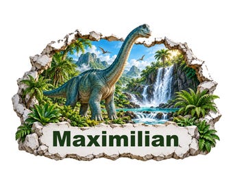 Vinilo decorativo de dinosaurio personalizado con nombre, dinosaurio de cuello largo en una cascada, vinilo para habitación infantil, regalo para fans de los dinosaurios.