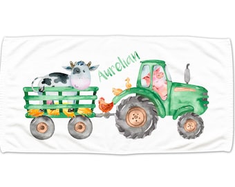 Handtuch Kinder personalisiert mit Namen, Traktor Bauernhof Tiere, kuscheliges Badetuch Duschtuch Strandtuch, Personalisiertes Geschenk