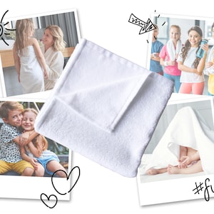 May include: A white towel folded in half, with a variety of photos of children in different settings. The photos include children playing, getting ready for a swim, and hugging. The photos are arranged around the towel, with a heart and the word "fun" drawn on the image.